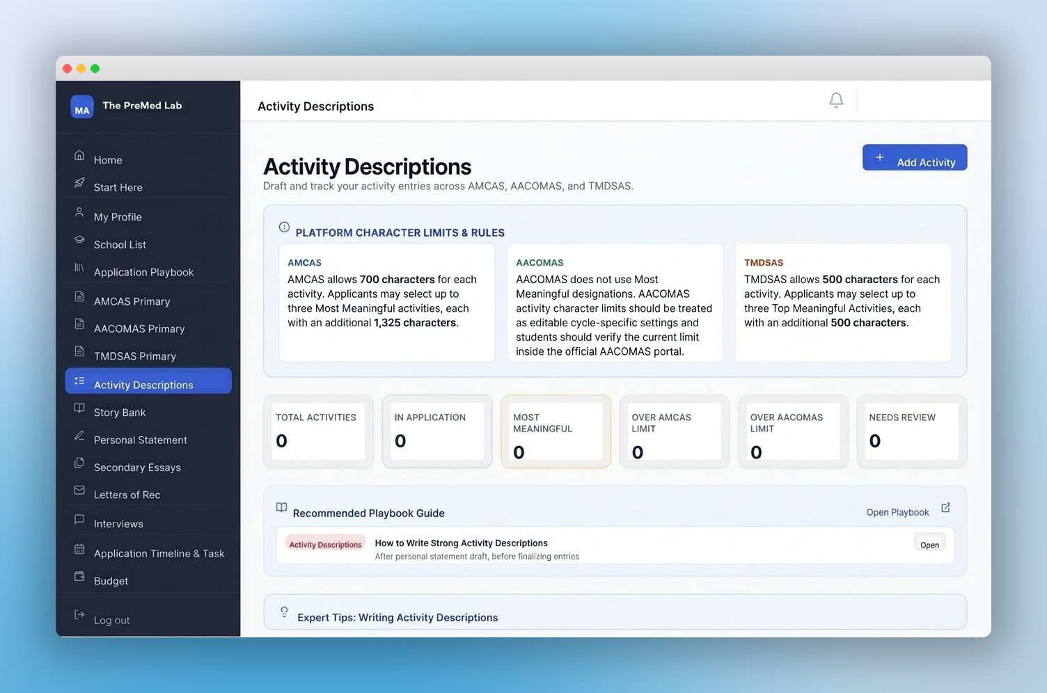 Activity Descriptions preview